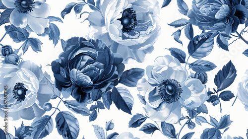 Blue and white floral pattern with roses, peonies, anemones and leaves on vintage background. Vintage style wallpaper for wall or textile design.


