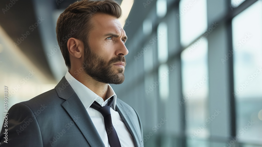 A handsome man in his late thirties wearing business attire, standing inside an airport building with large windows behind him. Business man, Business trip. A handsome man in his late thirties wearing business attire, standing inside an airport building with large windows behind him. Business man, Business trip.