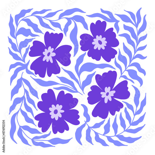 Wallpaper Mural Forget-me-not flowers with groovy leaves. Modern abstract organic shapes. Matisse style background. Surface cover design. Fabric textile print. Torontodigital.ca