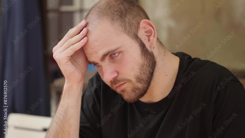 A young man with light beard stubble looks sad, gently touching his head to comfort himself. His expression shows a deep sense of melancholy and self-soothing A young man with light beard stubble looks sad, gently touching his head to comfort himself. His expression shows a deep sense of melancholy and self-soothing