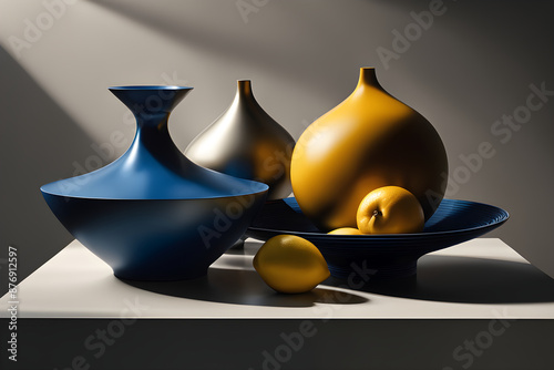 Still life photography Lemon with Clay and Ceramic vases