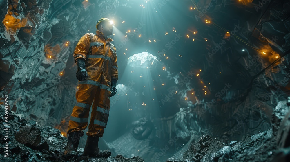 Depicting a miner in high-visibility reflective gear within a large, illuminated cave, highlighting the expanse of the underground environment and the miner's important work.