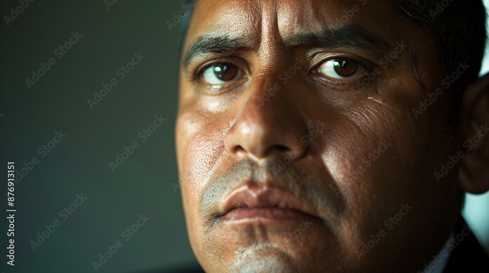 Fototapeta premium Detailed close-up of a Hispanic man's face in a suit, showing visible stress lines and a concerned expression