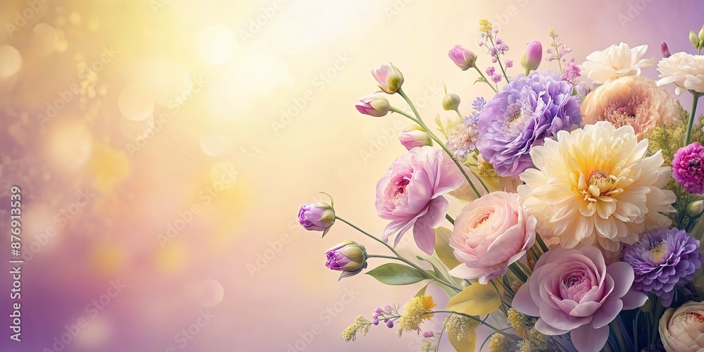 Fototapeta premium Ethereal floral arrangement with pastel blooms on soft yellow and purple background, pastel, dreamy, ethereal, blooms, flowers