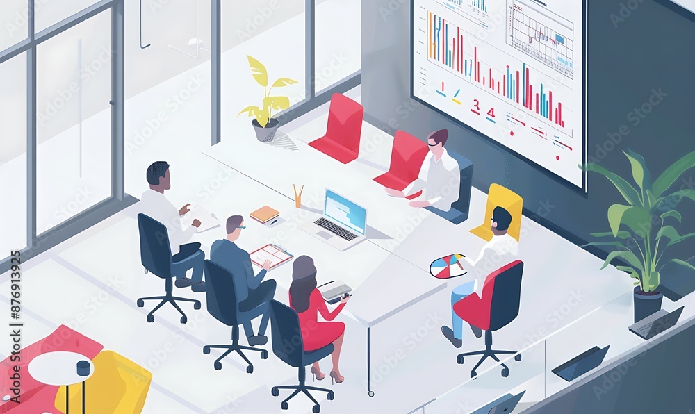 A business meeting in a modern office with a diverse group of people discussing data on a screen. A business meeting in a modern office with a diverse group of people discussing data on a screen.