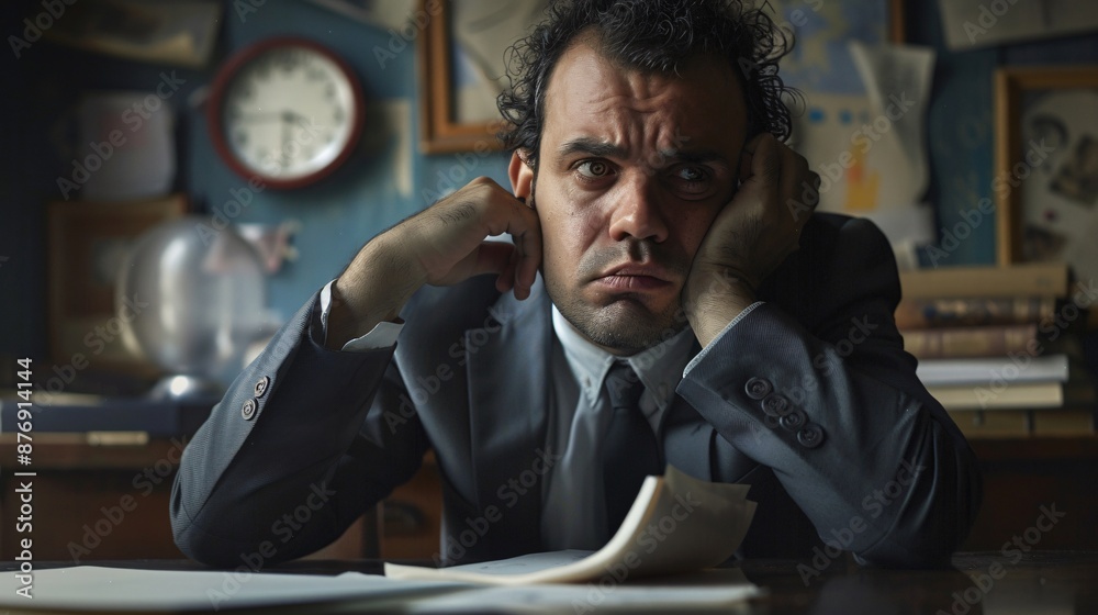 Highly detailed image of a Hispanic man in a suit, sitting at a desk, resting his head on his hand with a worried look Highly detailed image of a Hispanic man in a suit, sitting at a desk, resting his head on his hand with a worried look