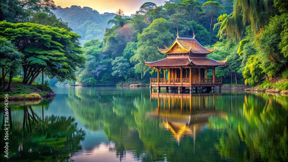 Temple near serene lake surrounded by lush trees, temple, lake, natural landscape, trees, peaceful, serene Temple near serene lake surrounded by lush trees, temple, lake, natural landscape, trees, peaceful, serene