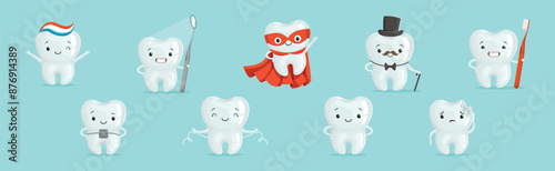 Funny Tooth Character with Cute Face Vector Set
