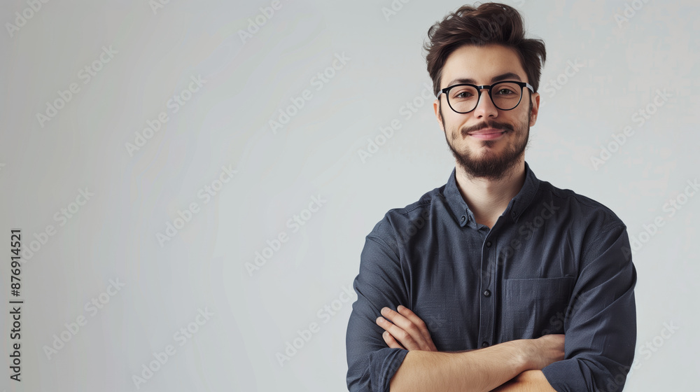 Fototapeta premium Confident Businessman in Vintage Glasses at Modern Office - Photorealistic Image with Copy Space for Text
