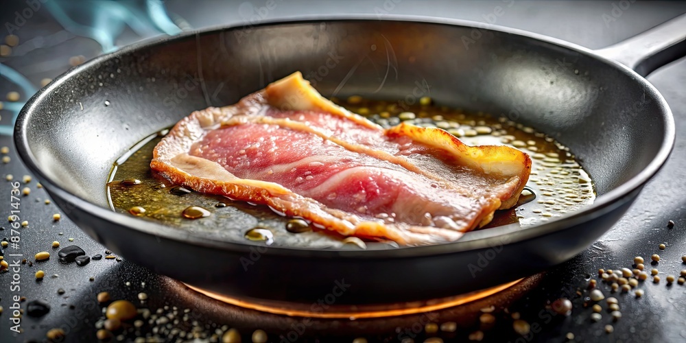 Fototapeta premium Close-up shot of speck being fried in a pan with sizzling oil , Speck, Anbraten, Frying, Pan, Close-up, Cooking, Bacon, Fat, Pork