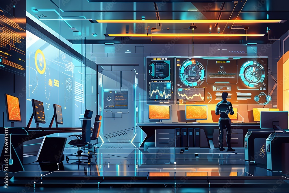 Futuristic, brightly lit, high tech office space with man looking at large screen. Futuristic, brightly lit, high tech office space with man looking at large screen.