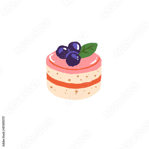Souffle cupcake is decorated with fresh berries. Dessert, sweet food. Cute cake with blueberry, icing. Confectionery, pastry icon. Flat isolated hand drawn vector illustration on white background