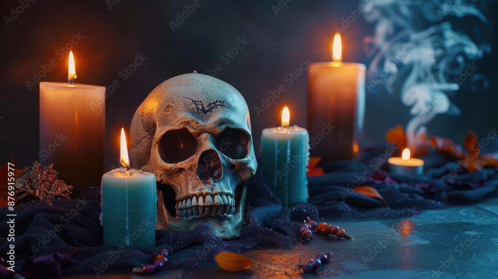 A Halloween setup featuring a skull surrounded by candles and autumn-themed decor, creating a spooky and dark atmosphere with smoke and scattered leaves. A Halloween setup featuring a skull surrounded by candles and autumn-themed decor, creating a spooky and dark atmosphere with smoke and scattered leaves.