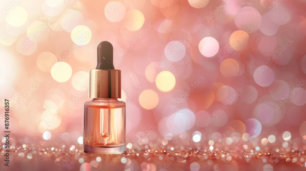 A dropper bottle of serum on a sparkling pink background with bokeh lights. A dropper bottle of serum on a sparkling pink background with bokeh lights.