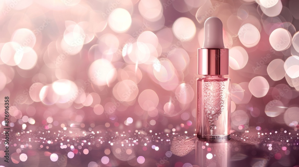A dropper bottle of beauty serum on a sparkling pink background. The product is lit by warm, soft lights creating a luxurious feel. A dropper bottle of beauty serum on a sparkling pink background. The product is lit by warm, soft lights creating a luxurious feel.