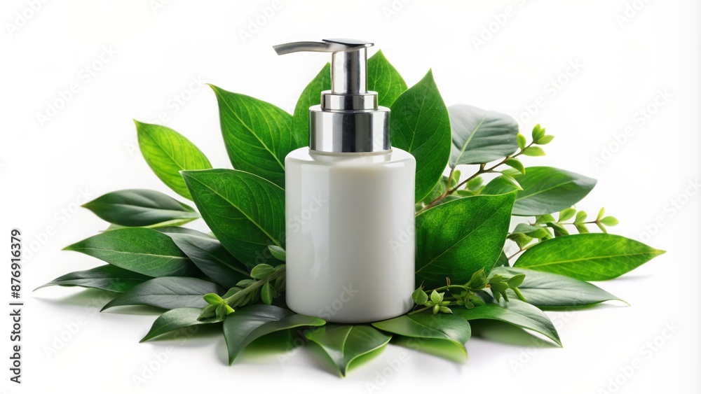 lush green leaves surround a luxurious cream dispenser on crisp white, evoking pampering skincare and beauty indulgence. lush green leaves surround a luxurious cream dispenser on crisp white, evoking pampering skincare and beauty indulgence.