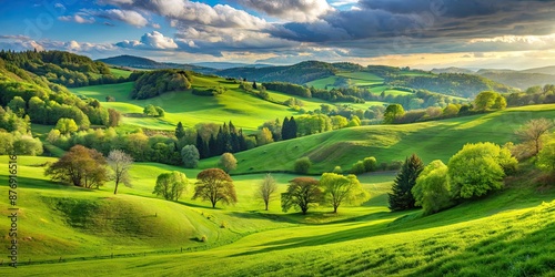 Lush green meadow with rolling hills, trees, grass patches, and a peaceful shire, hill, tree, grass, patch, shire, meadow