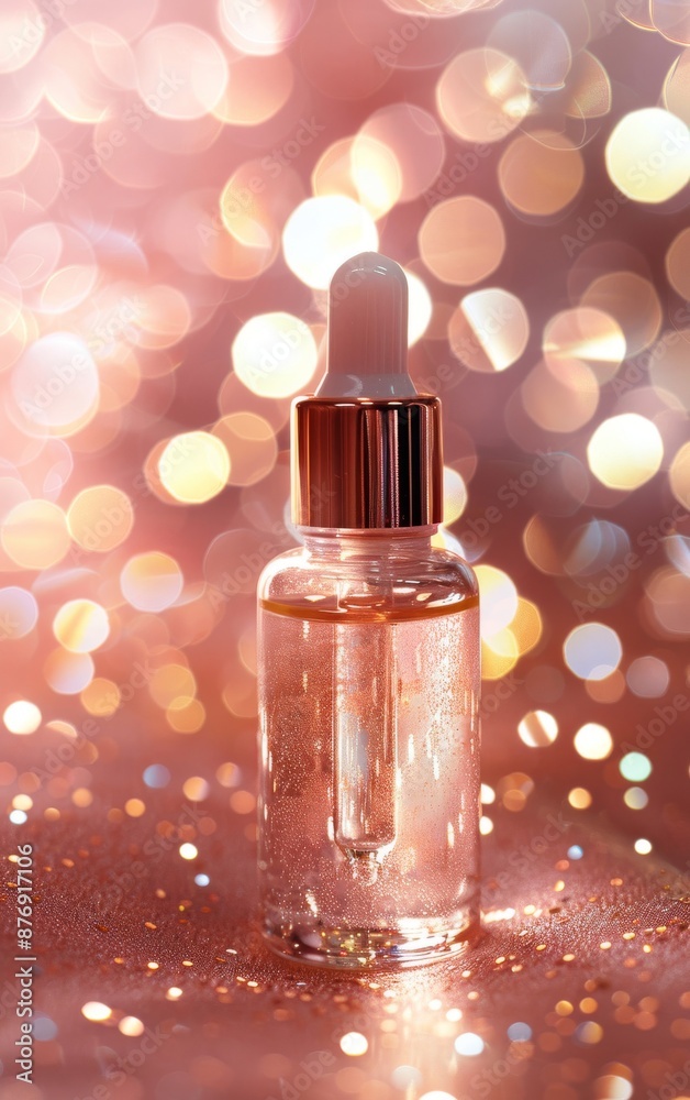A glass dropper bottle filled with clear liquid against a bokeh background of warm, pink and orange lights. A glass dropper bottle filled with clear liquid against a bokeh background of warm, pink and orange lights.
