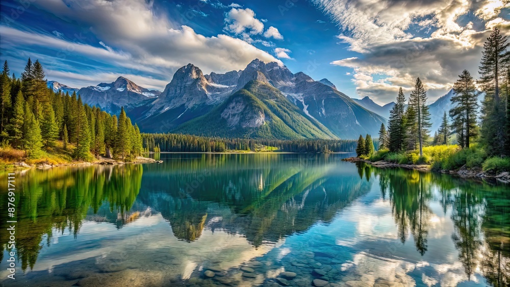 Scenic view of a tranquil lake surrounded by majestic mountains , nature, landscape, serene, reflection, outdoors, travel