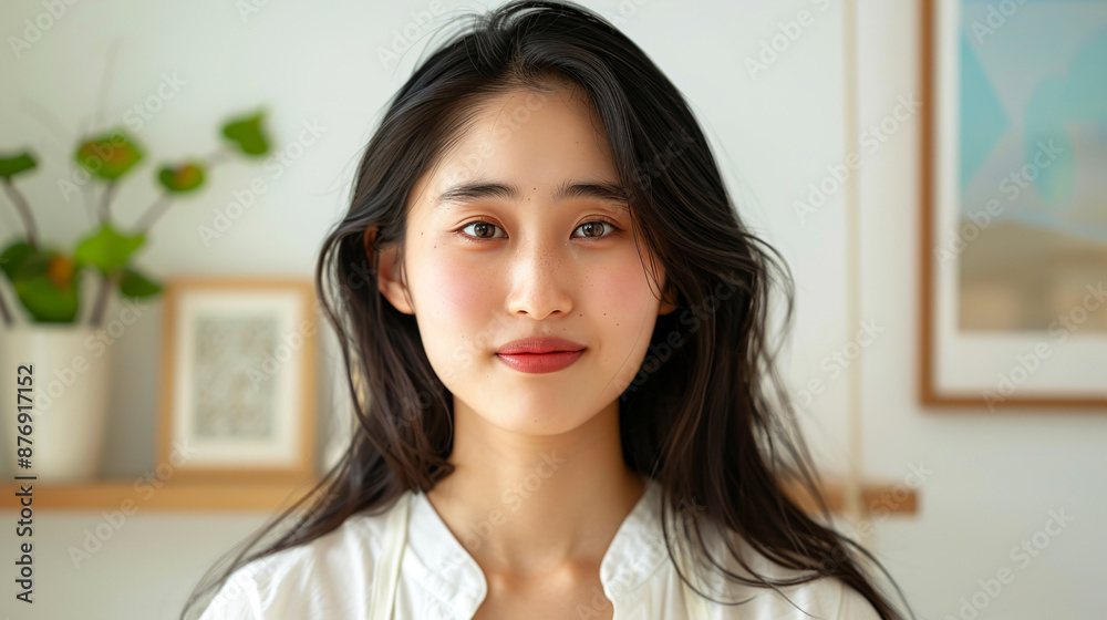 Confident Asian Korean young woman relaxing in a well-lit, cozy living room with modern decor and warm ambiance. Confident Asian Korean young woman relaxing in a well-lit, cozy living room with modern decor and warm ambiance.