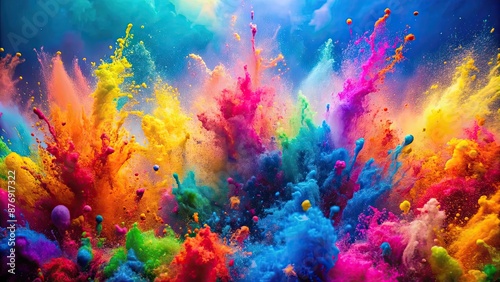 Vibrant paint splashes in various colors creating a dynamic and fun background for entertainment or Holi concept