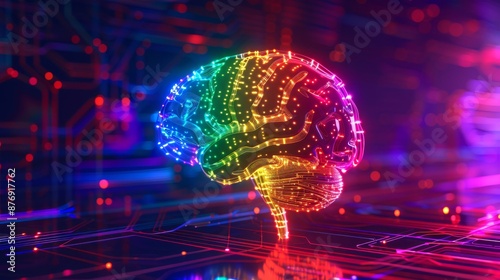 A glowing rainbow brain with intricate details, set against a dark background with colorful lights. The image symbolizes intelligence, creativity, and the power of the mind.