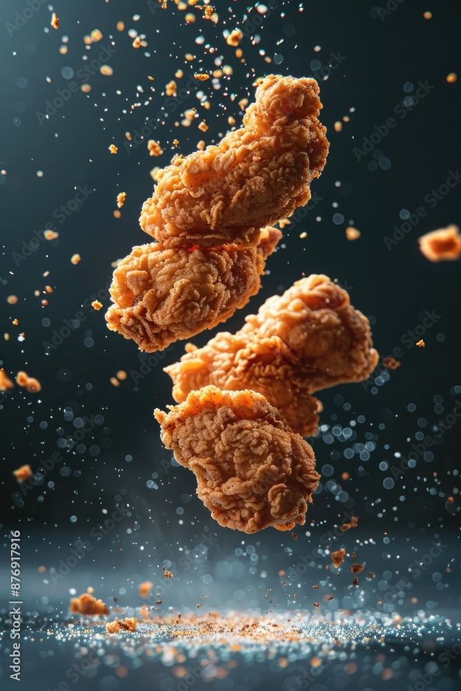 Crispy Fried Chicken Drumsticks Floating in the Air with Seasoning