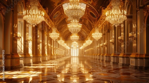 Wallpaper Mural A grand hall with ornate columns and chandeliers, bathed in warm sunlight. The polished floor reflects the light, creating a sense of grandeur. Torontodigital.ca