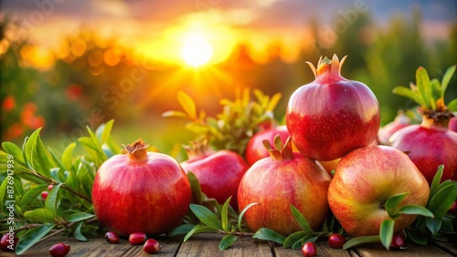 Vibrant pomegranate fruits adorned with lush green crown situated amidst serene sunset-lit orchard backdrop with soft blurred ambiance. photo