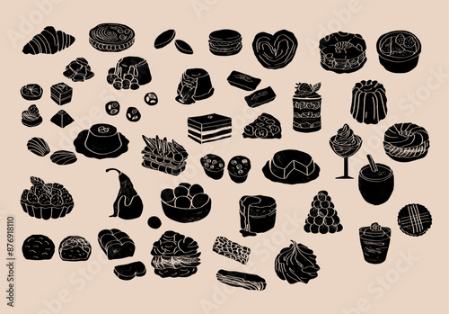 Big set of french sweets. Hand drawn illustration of popular traditional desserts for cafe, bakery and restaurant menu.