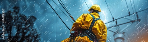 A lone worker in a yellow raincoat  working on power lines during a storm.