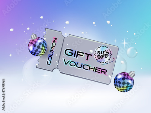 Christmas Sale Voucher coupon for business promotion sales and Discount online purchases. Tag label, sale banner 3d rendering millennium texture with fancy ball.