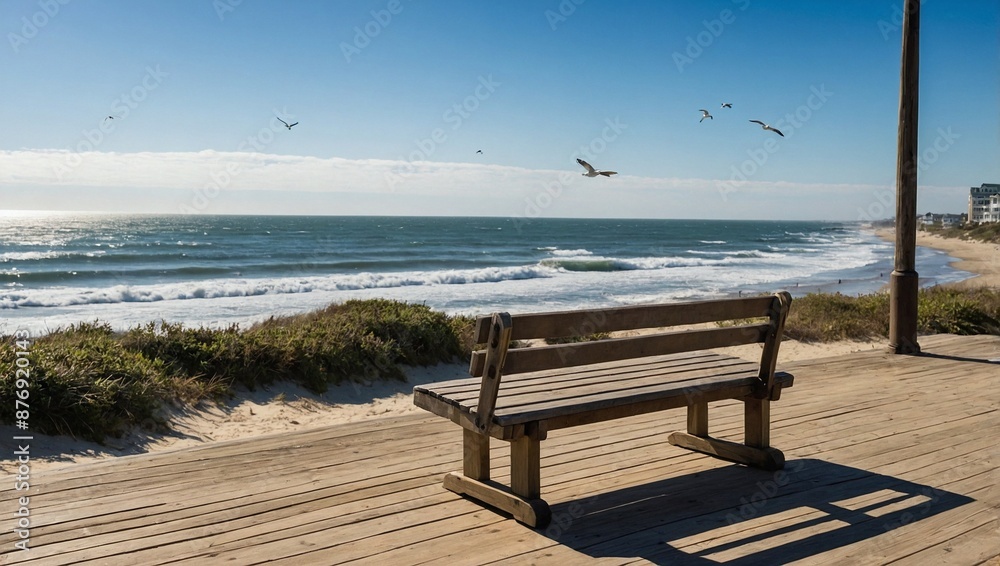 A simple wooden bench located on a scenic coastal A simple wooden bench located on a scenic coastal