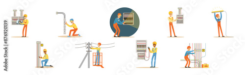 Electrician Man Professional Worker in Uniform Repair Electrical Element Vector Set