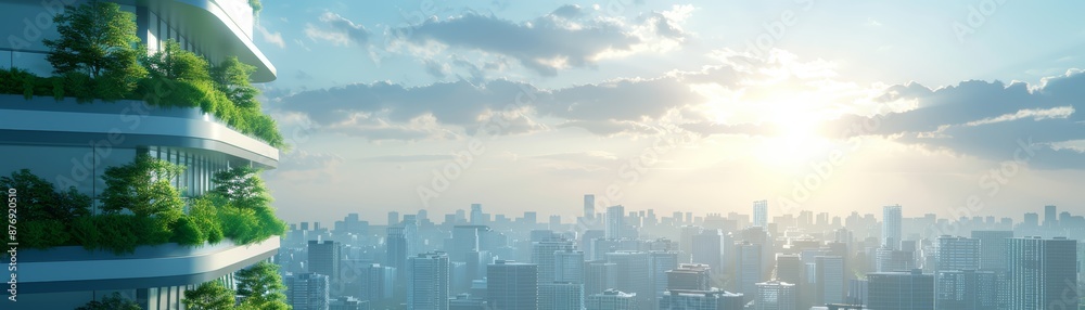 A modern building with lush green balconies overlooking a vast cityscape under a bright, sunny sky. A modern building with lush green balconies overlooking a vast cityscape under a bright, sunny sky.
