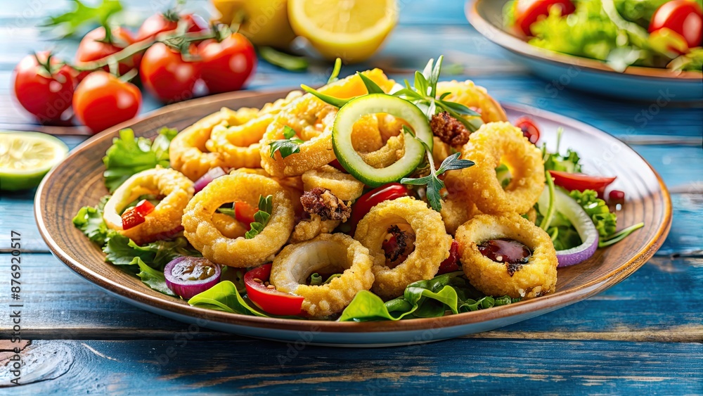 Freshly fried calamari served with a colorful salad, creating a delightful seafood dish , seafood, calamari, salad, fresh Freshly fried calamari served with a colorful salad, creating a delightful seafood dish , seafood, calamari, salad, fresh