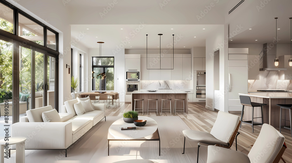 A modern minimalist home interior design with clean lines, sleek furniture, and neutral color palette, featuring an open-concept living space connected to a spacious kitchen, bathed in natural light A modern minimalist home interior design with clean lines, sleek furniture, and neutral color palette, featuring an open-concept living space connected to a spacious kitchen, bathed in natural light