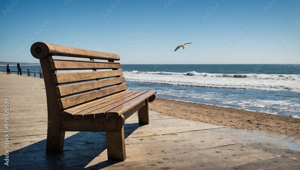 A simple wooden bench located on a scenic coastal A simple wooden bench located on a scenic coastal