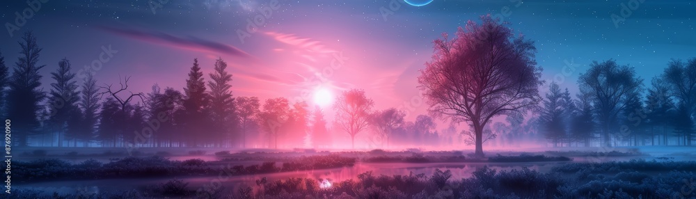 Naklejka premium A captivating scene of a magical sunset in an enchanted forest, with pink and blue hues illuminating the landscape.