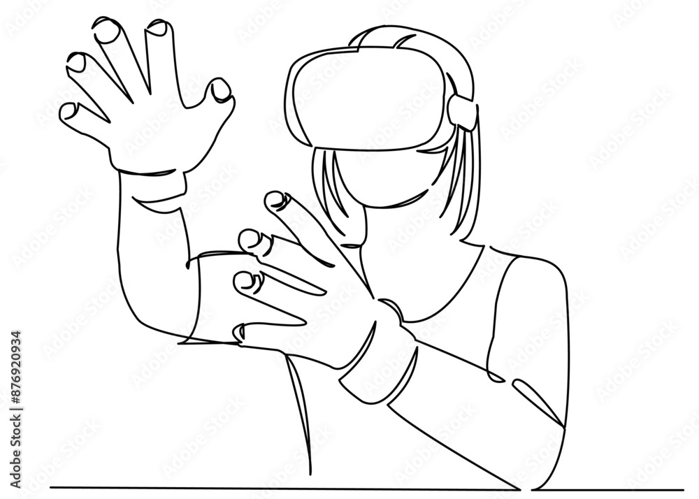 continuous single drawn one line girl in a virtual reality helmet. hand-drawn picture silhouette. Line art. doodle. continuous single drawn one line girl in a virtual reality helmet. hand-drawn picture silhouette. Line art. doodle.