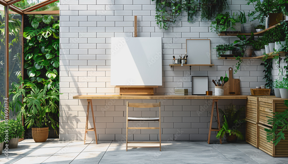 Clean art studio with blank easel, white brick wall, natural light Clean art studio with blank easel, white brick wall, natural light