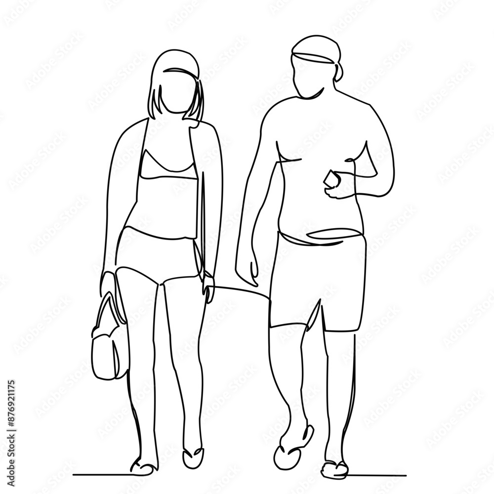 continuous single drawn one line in love couple on the beach hand drawn picture silhouette. Line art. doodle continuous single drawn one line in love couple on the beach hand drawn picture silhouette. Line art. doodle