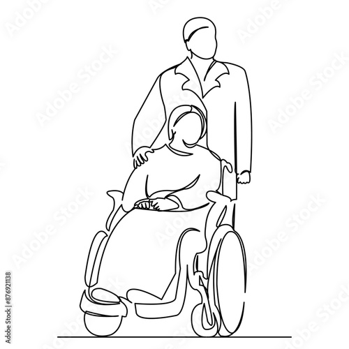 continuous single drawn one line woman in a wheelchair with a doctor hand-drawn picture silhouette. Line art. doodle.