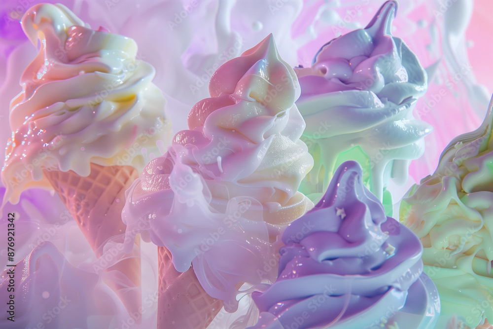 surreal pastel ice creams with a foam ,colors of white, pink, purple, blue, green, yellow , fantasy, magical summer style backgrounds.