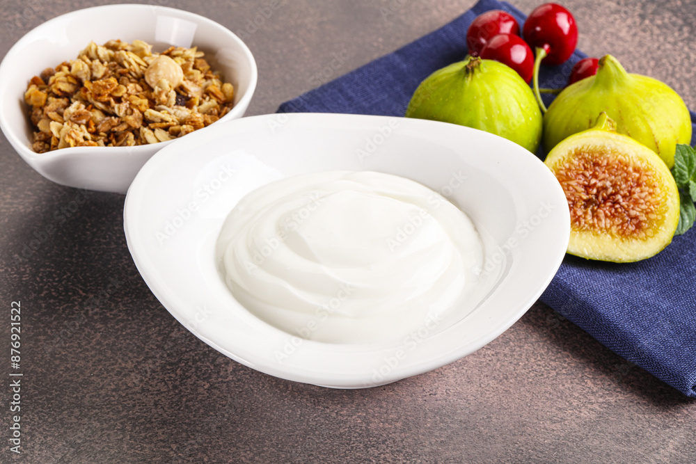Traditional homemade Greek yoghurt with granola Traditional homemade Greek yoghurt with granola