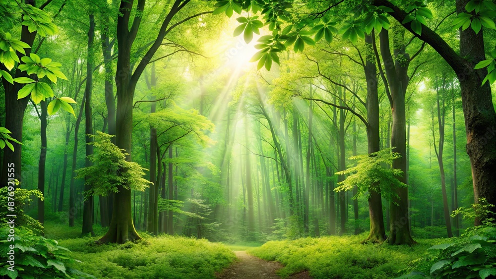 Fototapeta premium Green forest background with vibrant foliage, representing carbon neutrality and sustainability, nature