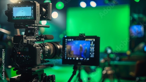 A professional video camera is set up in a studio with a green screen background. Another camera screen is visible in the foreground, displaying footage.
