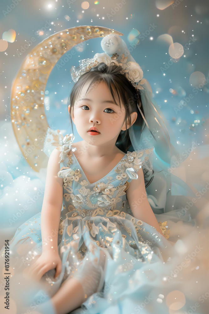 Asian todler girl sitting on the moon, wearing a light blue dress with crystal details and a light blue and golden color scheme. Soft lighting creates a dreamy atmosphere in the fantasy style. Asian todler girl sitting on the moon, wearing a light blue dress with crystal details and a light blue and golden color scheme. Soft lighting creates a dreamy atmosphere in the fantasy style.