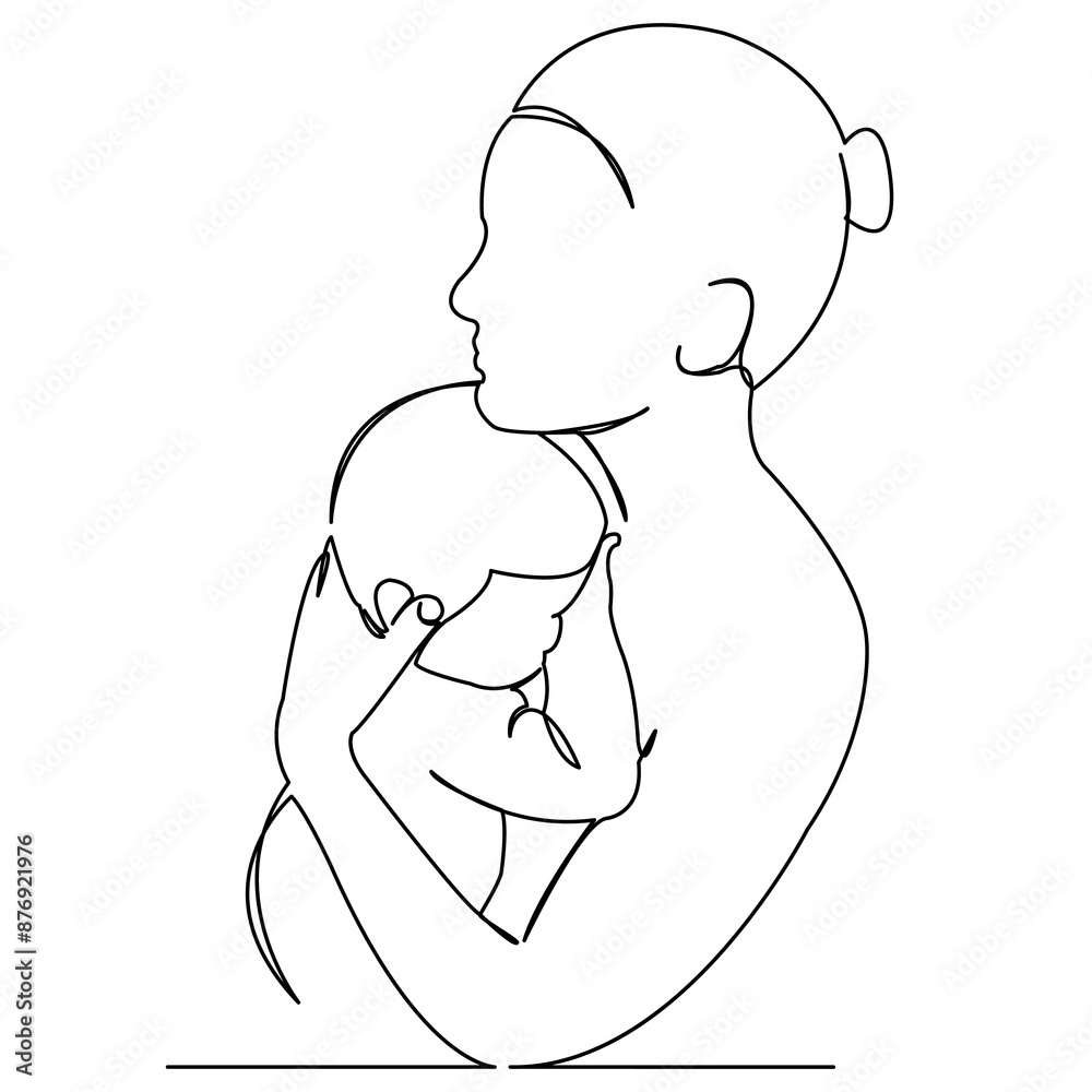 continuous single drawn hand-drawn picture silhouette by one line mother with baby in her arms. Line art. doodle. continuous single drawn hand-drawn picture silhouette by one line mother with baby in her arms. Line art. doodle.