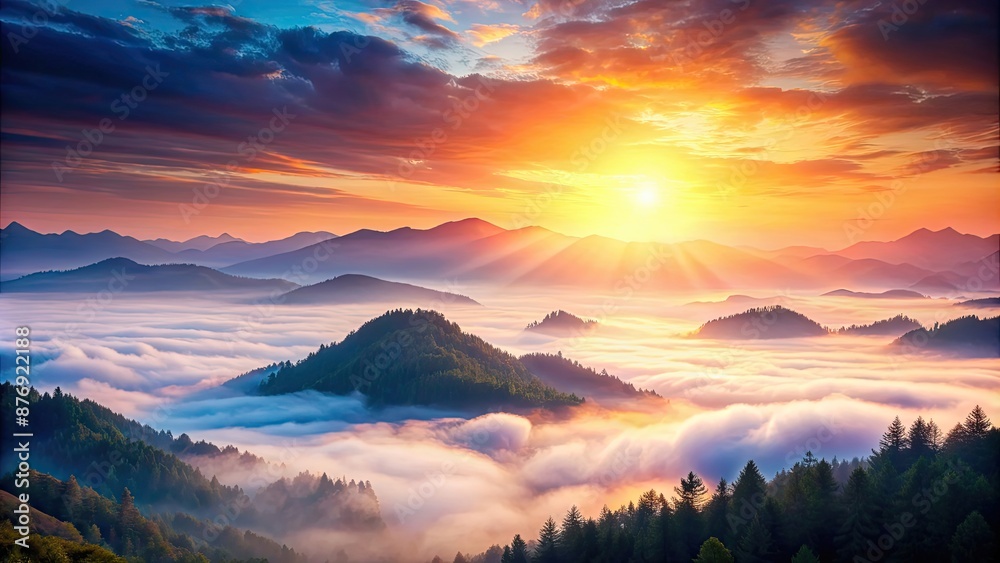 Obraz premium Mountain sunrise with soft pastel colors and misty atmosphere, sunrise, mountains, morning, nature, landscape, sky, clouds, mist